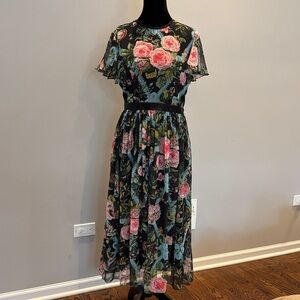 Mac Duggal Black Floral Midi Dress